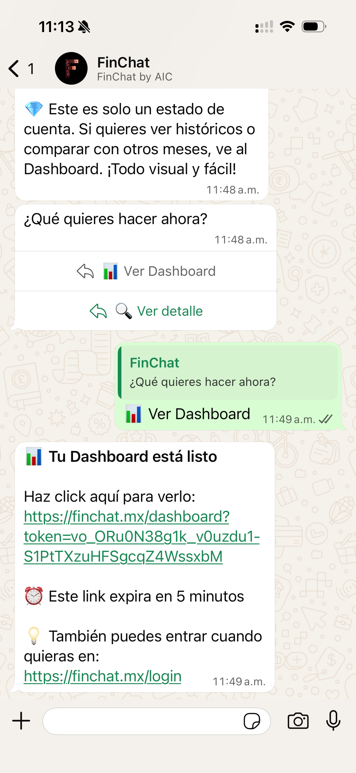 WhatsApp chat con link al dashboard